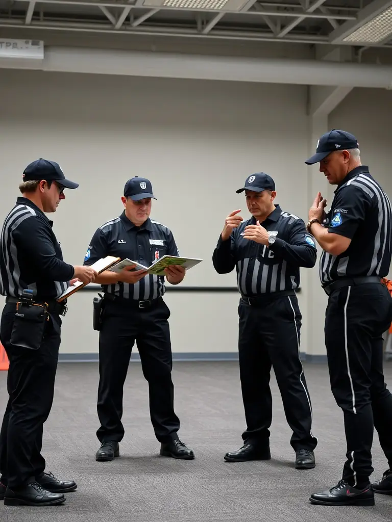 An image of officials during a training session, with participants practicing rules and safety procedures, focusing on the practical application of officiating techniques.