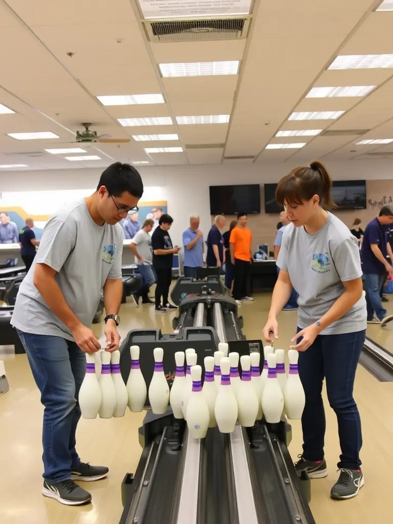 A photo of volunteers setting up equipment and assisting participants at a bowling event, highlighting the importance of volunteer support in FFSQ's activities.
