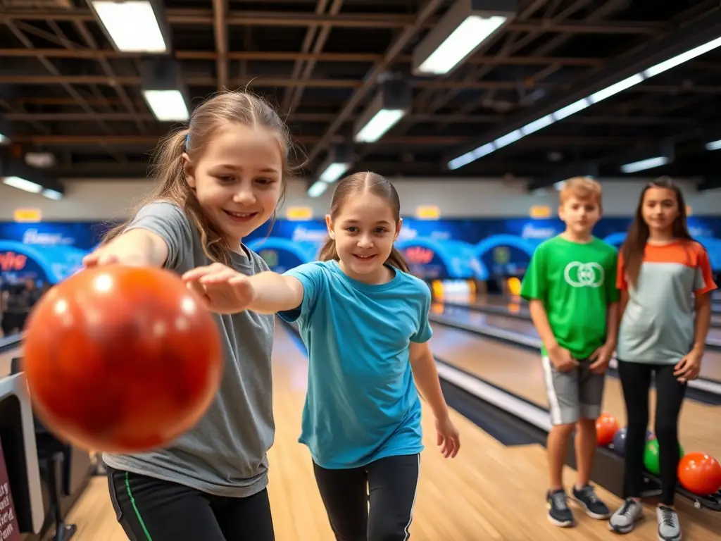 A group of young athletes participating in a bowling training session, focusing on technique and skill development, set against the backdrop of a modern bowling alley.