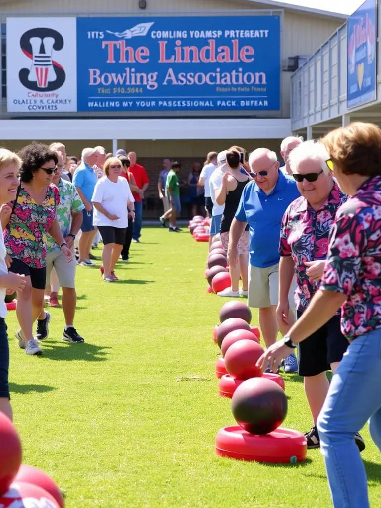 A diverse group of participants at a skittles tournament, showcasing the inclusive nature of the sport, with people of different ages and backgrounds competing and enjoying themselves.