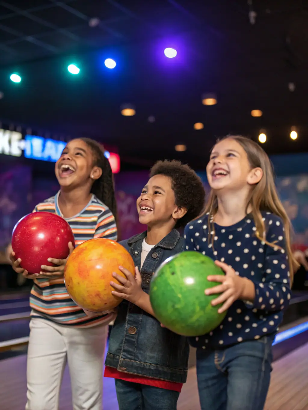A group of young bowlers participating in a youth bowling program, smiling and engaged, with a coach providing guidance in the background. The setting is a modern bowling alley with bright lighting.